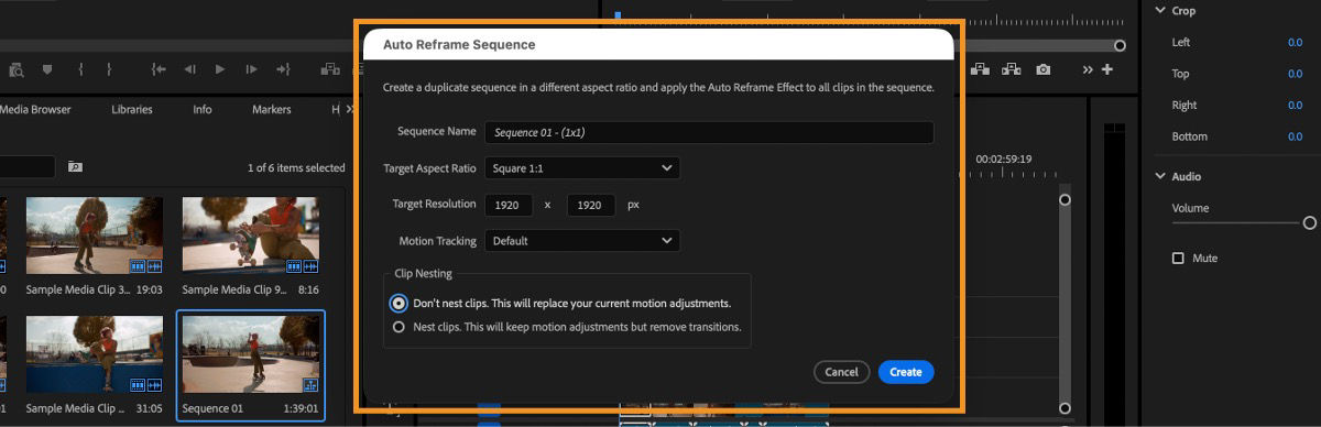 Adobe documentation screenshot of Auto Reframe Sequence with aspect ratio, resolution, motion tracking, and clip nesting settings