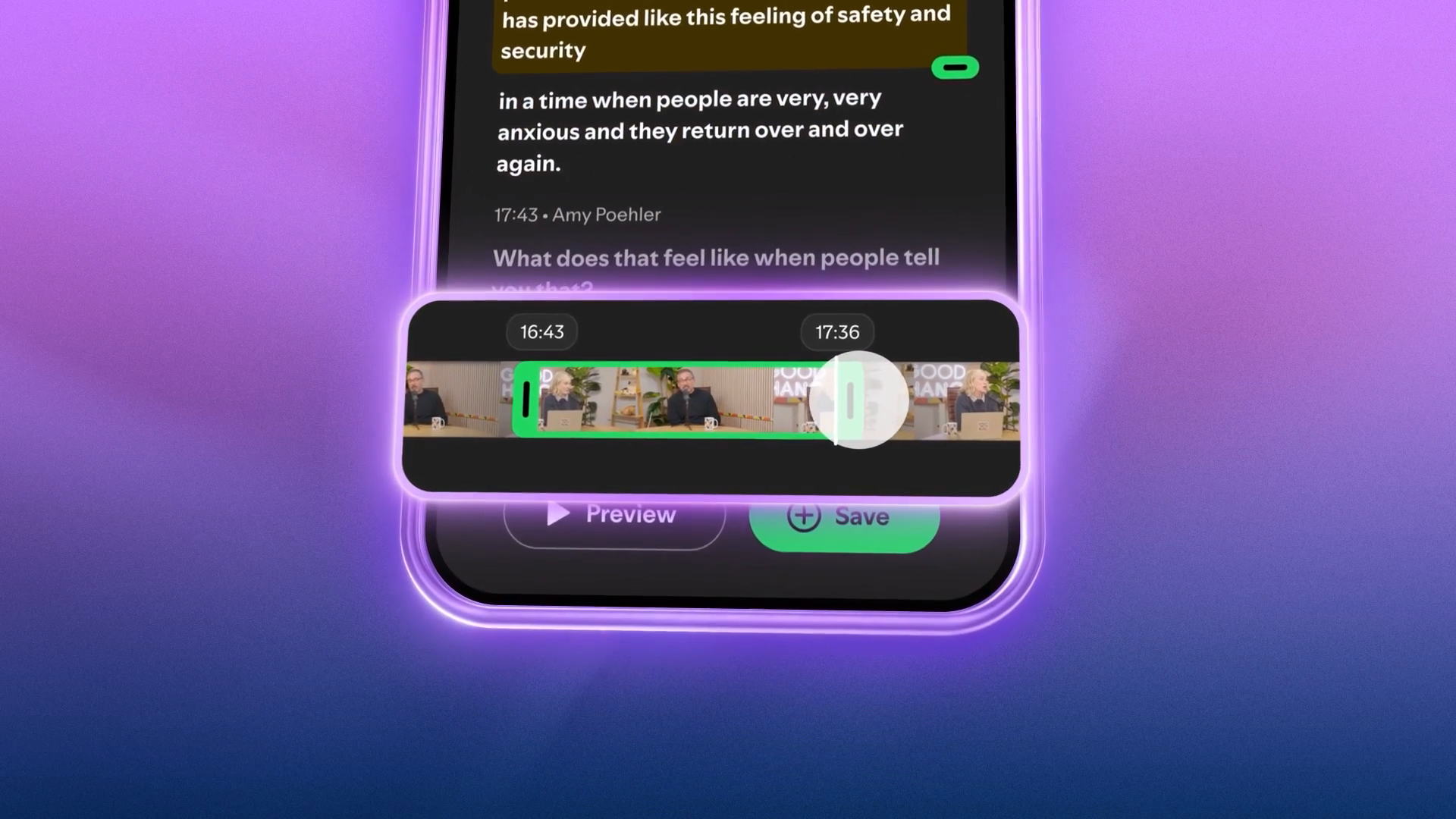 Spotify launch demo showing a highlighted selection strip below transcript text, with Preview and Save controls.