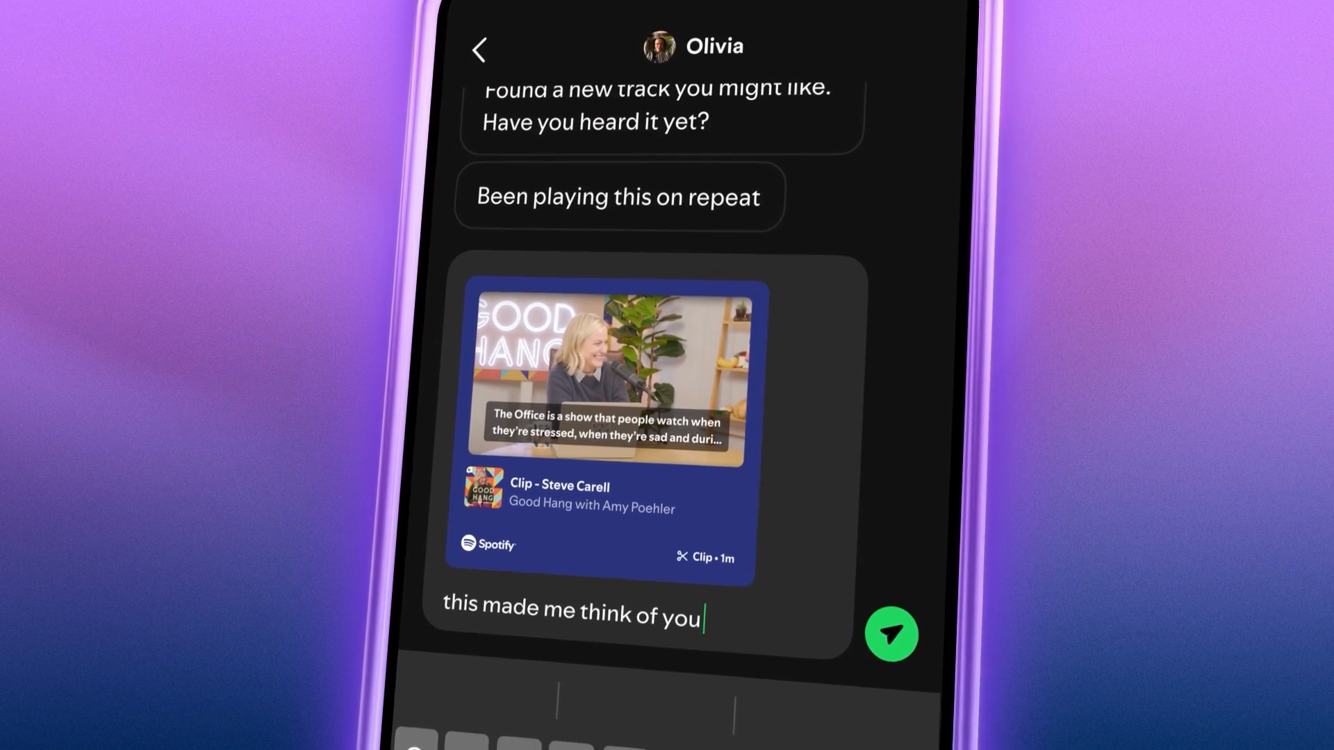 Spotify launch demonstration showing a Good Hang Steve Carell clip card in a message composer.